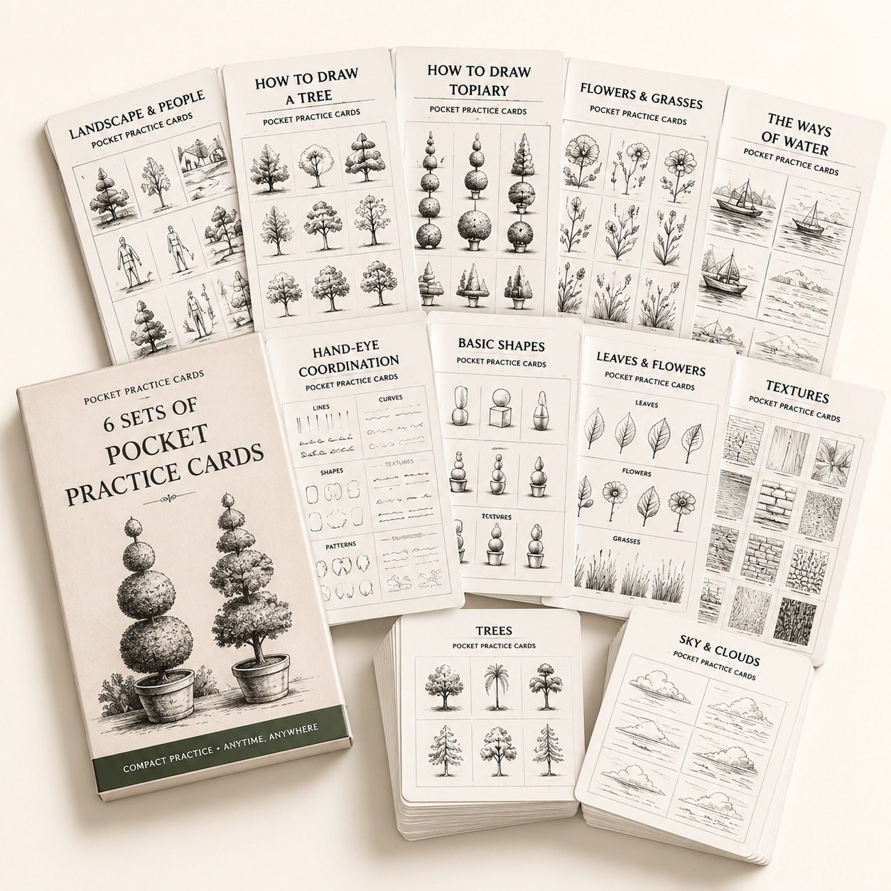 6 sets of Pocket Practice Cards including Landscape & People, How to Draw a Tree, Topiary, Flowers & Grasses, The Ways of Water and Hand-Eye Coordination